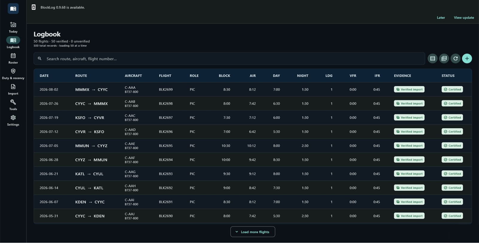 BlockLog desktop logbook showing routes, aircraft, times, evidence, and certification status