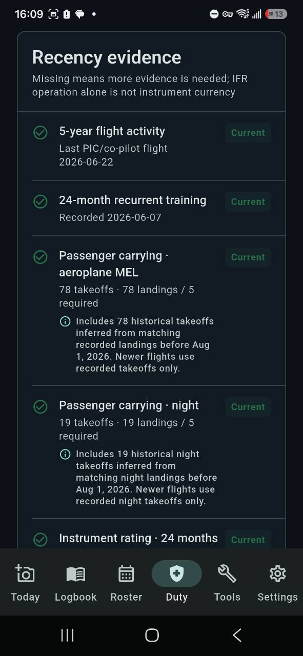 BlockLog Android duty and recency evidence