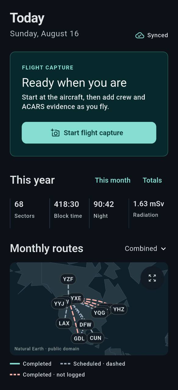 BlockLog Android Today screen showing flight capture, totals, and monthly routes